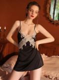 Deep V Lace Stitching Satin Sling Nightdress