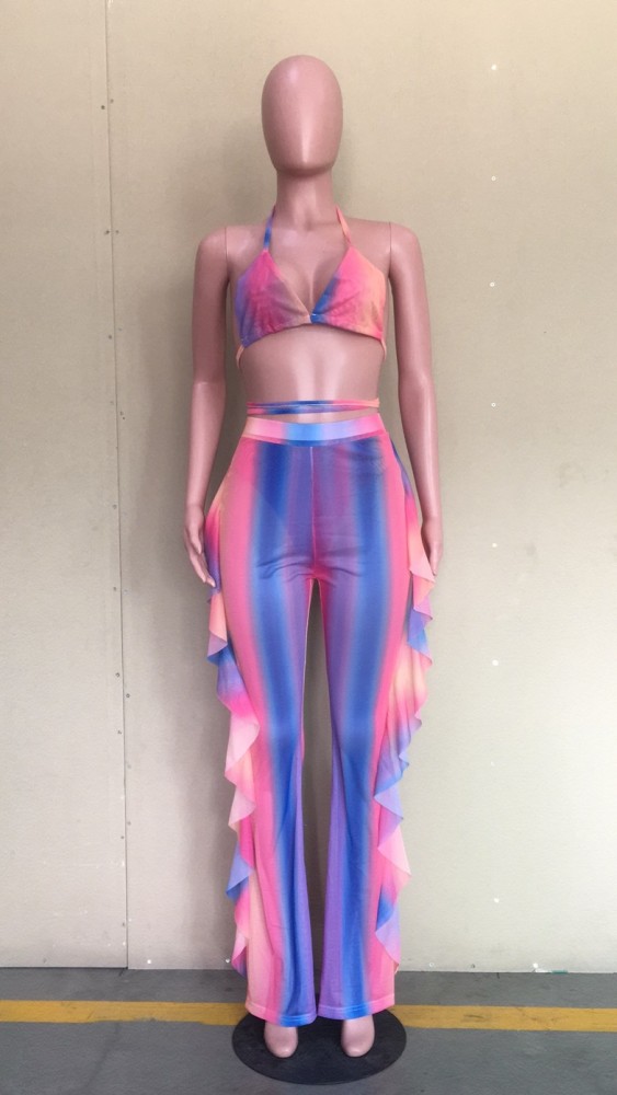 colorful bikini and ruffle pant 2 piece set