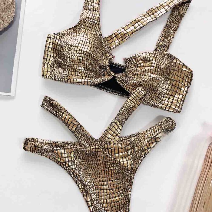 Metallic Crocodile Ring Linked High Cut Bikini Swimsuit