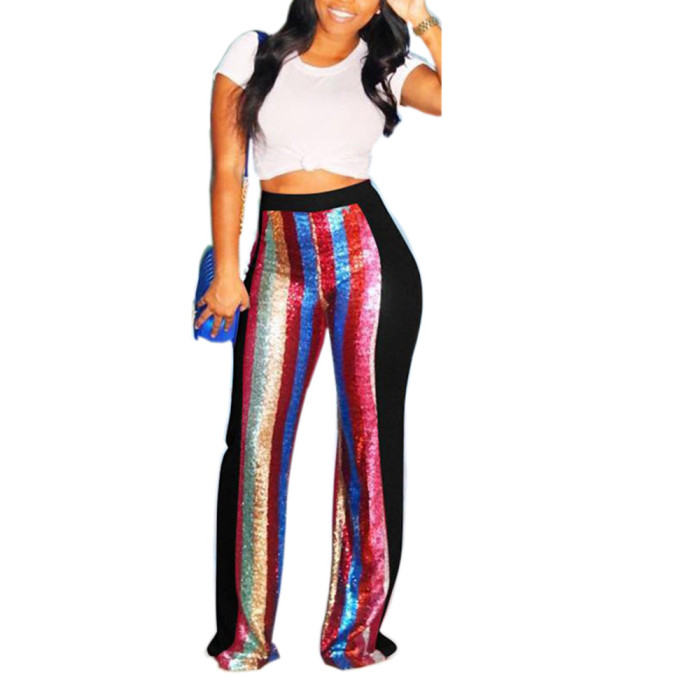 Polyester Elastic Fly High Sequin Striped Straight Pants Pants