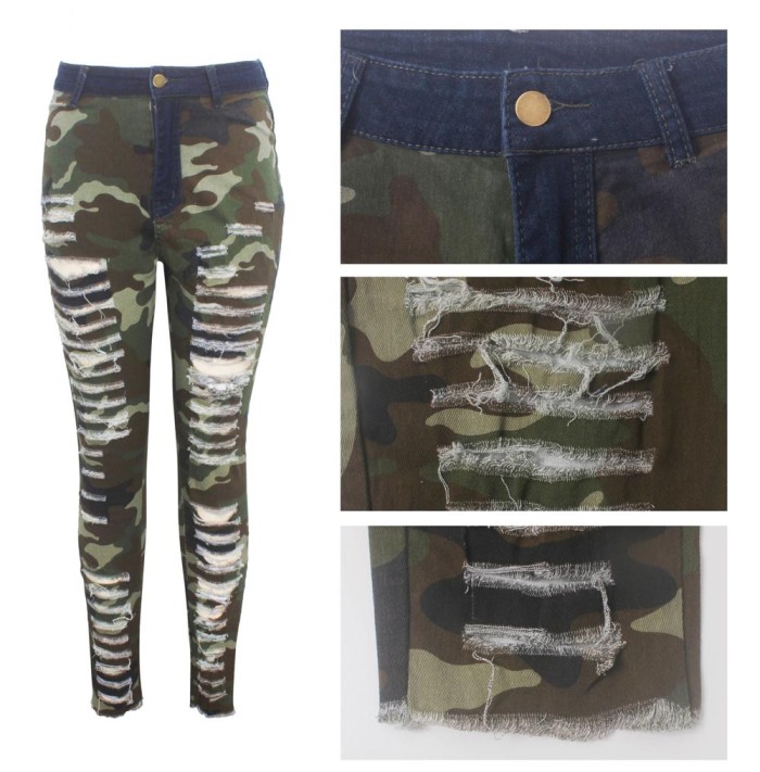 Destroyed High Waist Skinny Camouflage Jeans