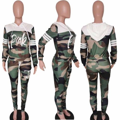 Camouflage Printed Letters Stitching Sports Hooded Two piece Suit