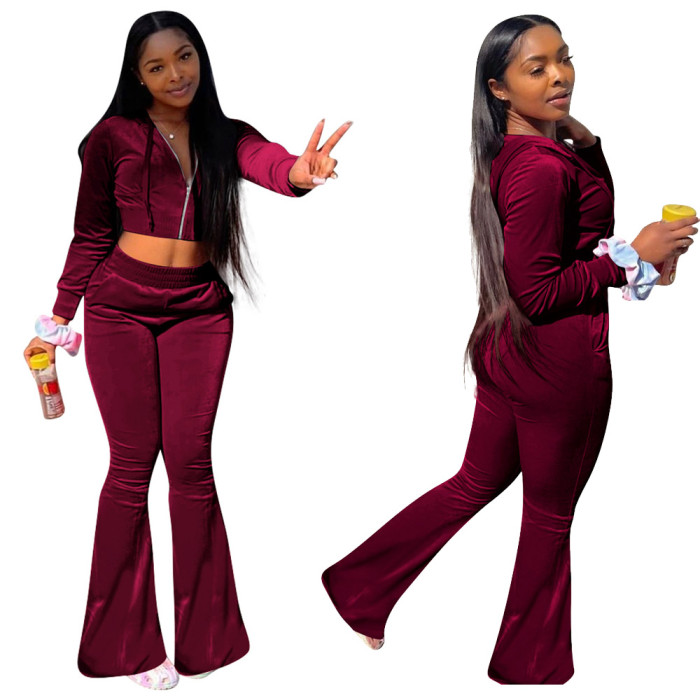 Women Velvet Hooded Wide Leg Pants Sports and leisure Suit