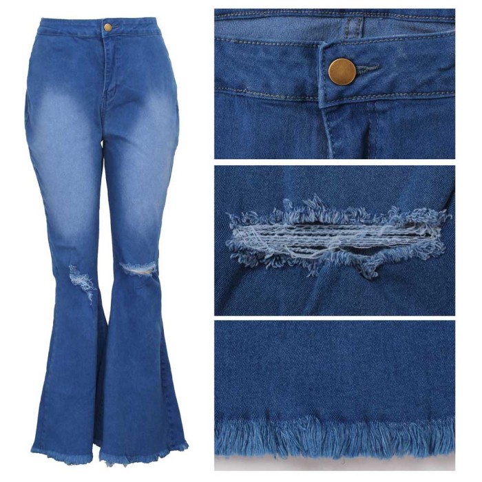 Knee Ripped Hole Casual Long Bell-bottoms Women Jeans