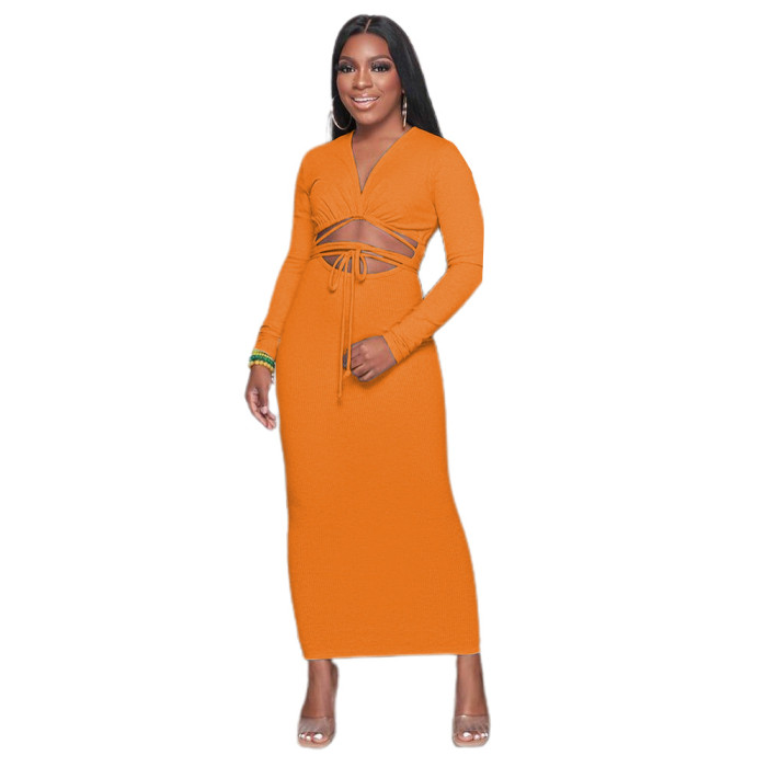 Lace-up Pit Strip Solid Color Long- Sleeved Midi Dress