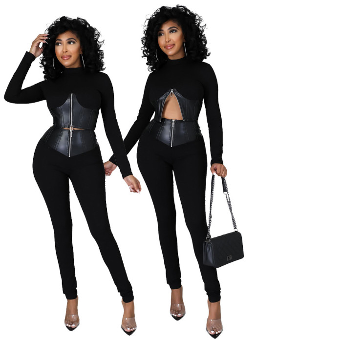 Half-high Collar Long Sleeved Zipper Top With Slim Pants two-piece Suit