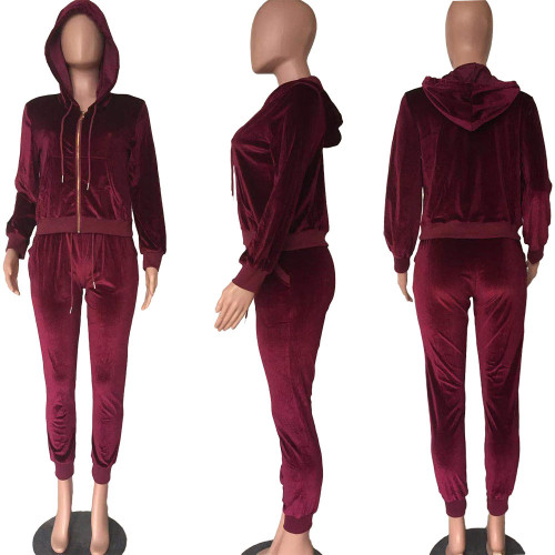 Velvet Hooded Zipper Sweater  Elastic Waist TrousersTwo-piece Suit