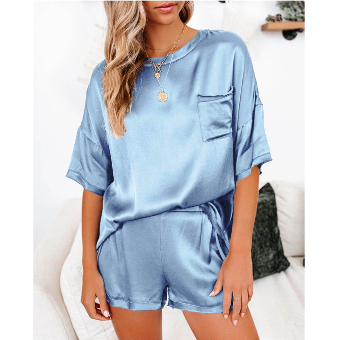 Two Piece Suit Solid Color Satin Short Sleeved Tracksuit