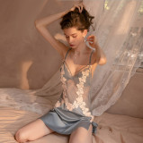 IHOOV Deep V Satin Stitching Lace Sling SleepWear