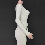 Winter Solid Plain Casual Ribbed Matching Top and Pants Set