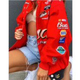 Fall Casual Print Red Long Lseeve Loose Oversize Jacket