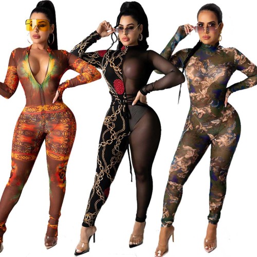 Sexy Fashion Mesh Printed Long Sleeved Jumpsuit