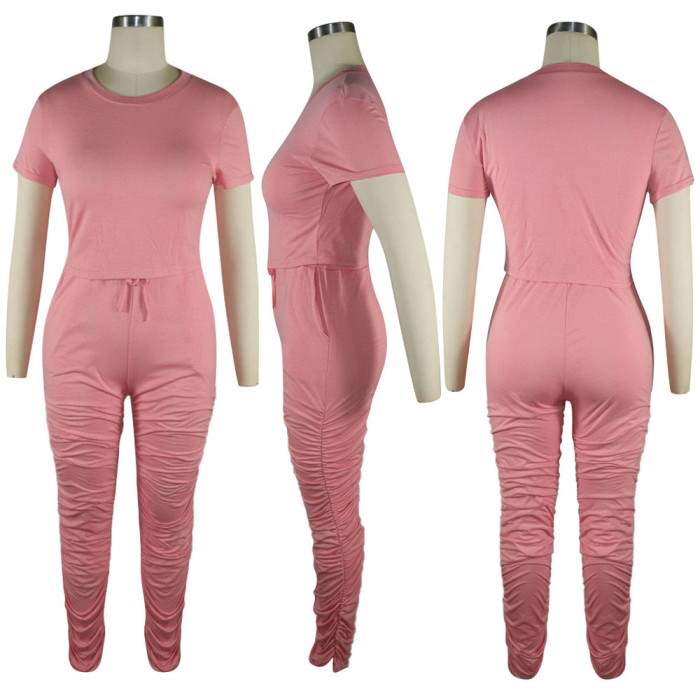 Solid Color Short Sleeve Pleated Trousers Sports Suit
