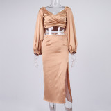 Satin Lantern Sleeve Short Top Split Long Skirt Two Piece Set