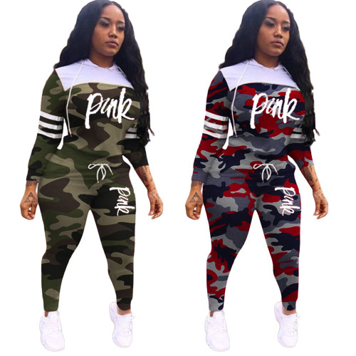 Camouflage Printed Letters Stitching Sports Hooded Two piece Suit