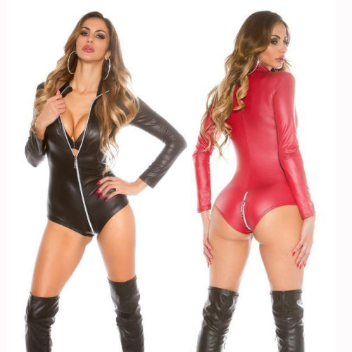 Zipper Over the Crotch Leathery Long Sleeve Bodysuit LE9008