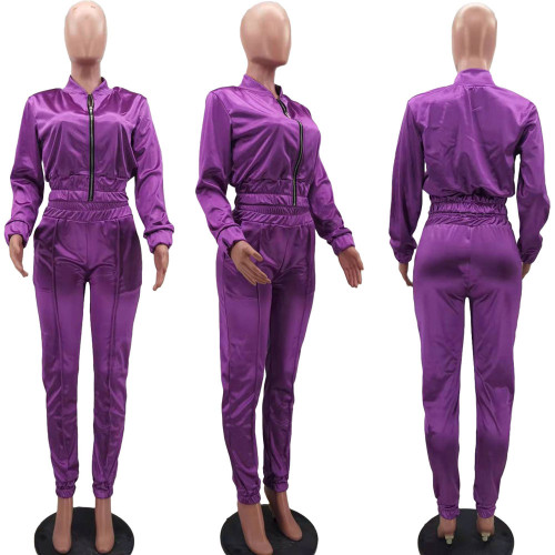 Solid Color Zipper Casual Sports Two Piece Suit