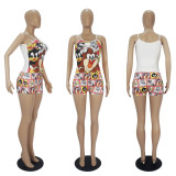 Printed Suspender Shorts Suit