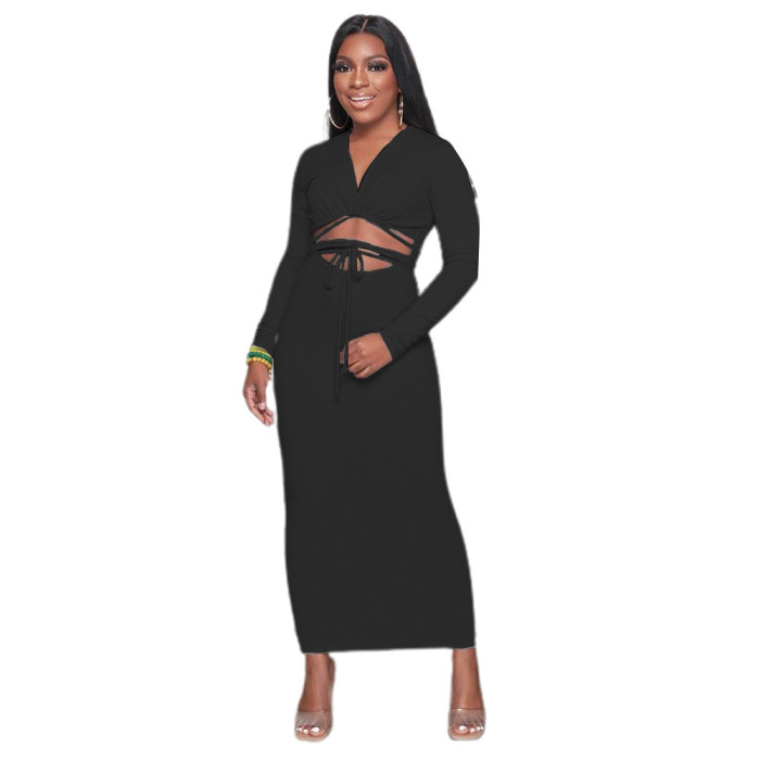 Lace-up Pit Strip Solid Color Long- Sleeved Midi Dress