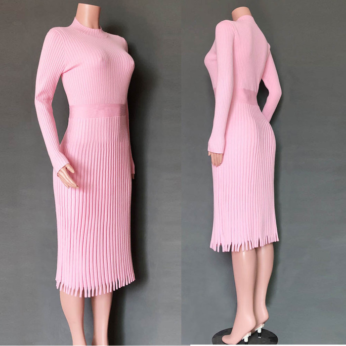 Elegant Plain Color Long Pleated Knitting Dress