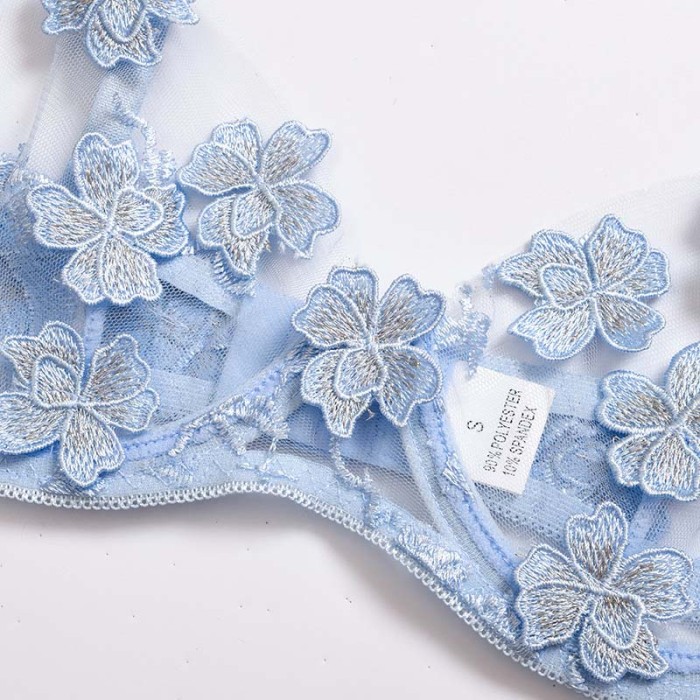 Embroidered Flower Mesh With Steel Ring Underwear Set