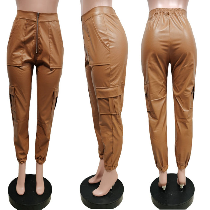 Fashion Multiple Pocket Casual Leather Pants