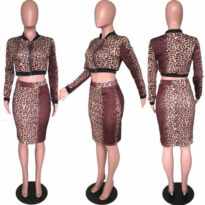 Leopard Print Fashion Casual Long Sleeve  Two-piece Suit
