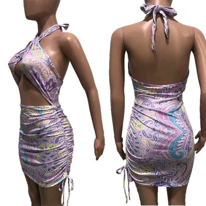 Printed Drawstring Mini Dress