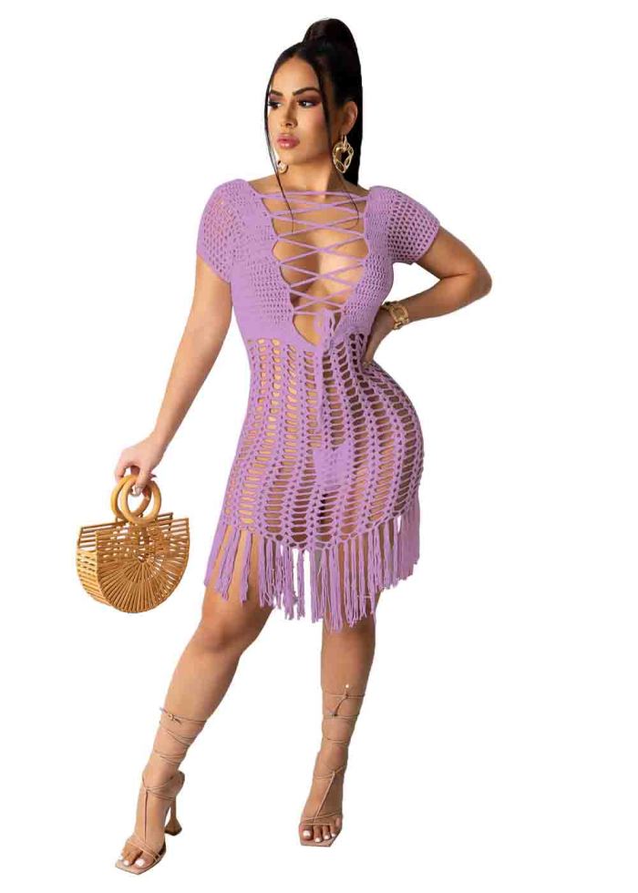 crochet hollow out cover up beach dress