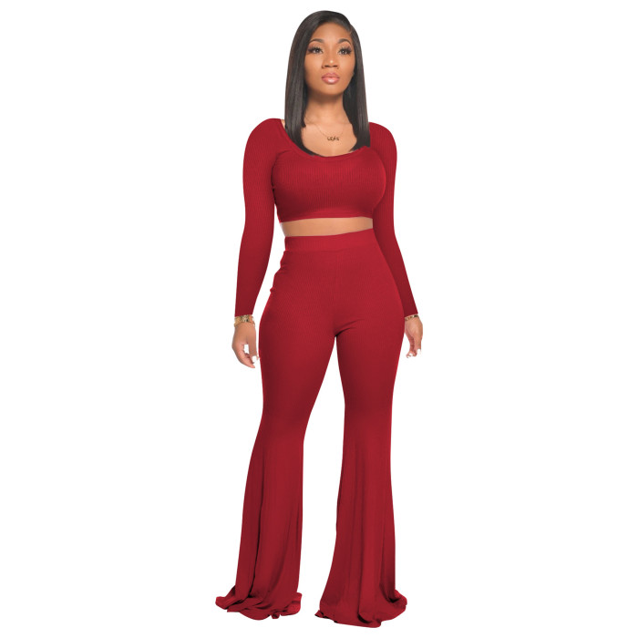 rib outfit 2 piece crop top and flare pant set