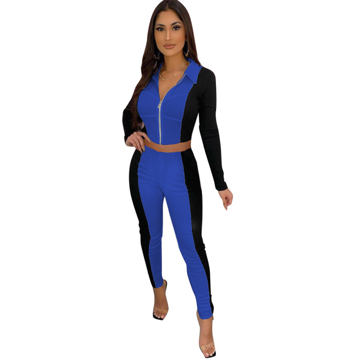 Rib Stitching Contrast Color Leisure Sports Two-piece Suit