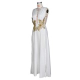 embroidered sexy deep v neck split  long party dress