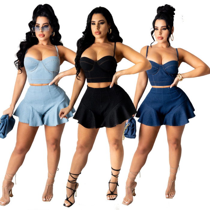 denim tank top and culotte two piece skirt set