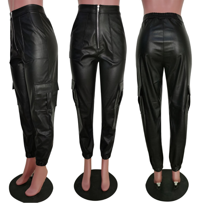 Fashion Multiple Pocket Casual Leather Pants