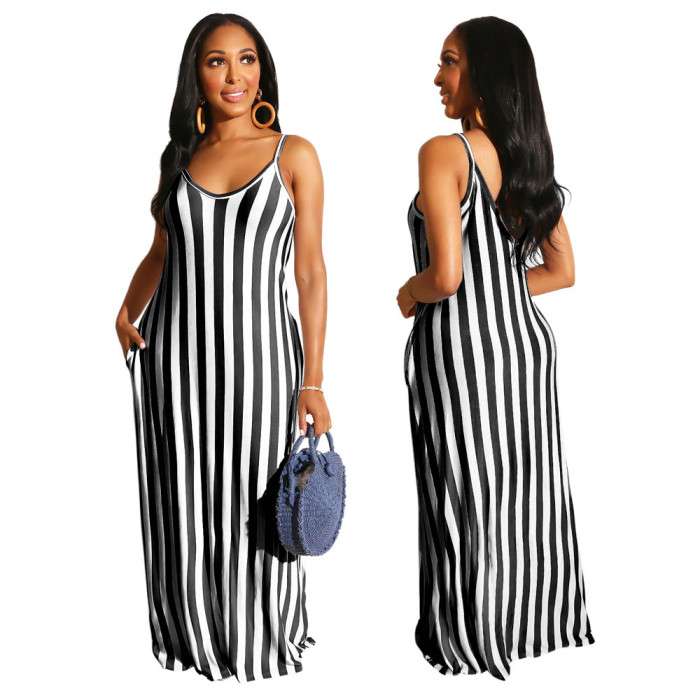 Casual Loose Striped Sleeveless V-neck Dress
