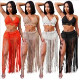 Soild Color Seaside Halter Bra and Tassels Skirt Set