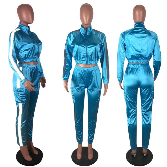 Solid color stitching reflective strip sports Two Piece Sets women clothing