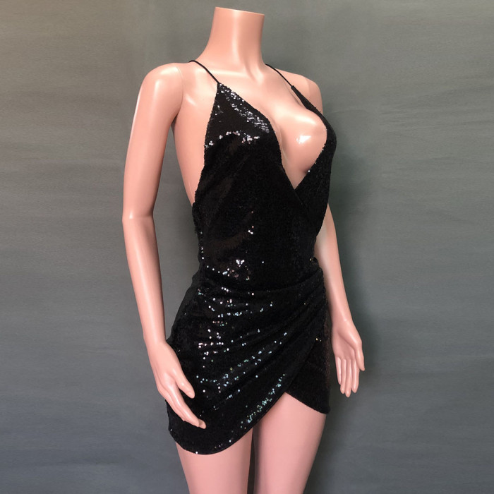 Sequins Deep-V Straps Wrap Party Dress