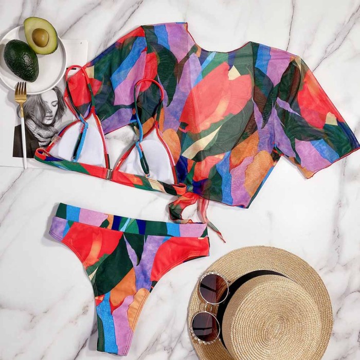 High Cut 3PC Short Sleeve Colorful Swimwear with Cover-Up