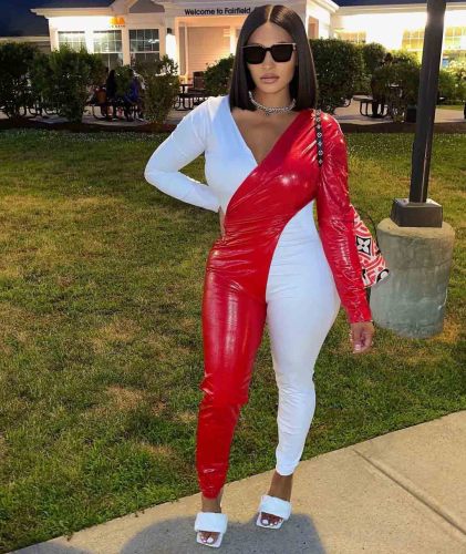 Women Red and White Solid Color PU Stitching Jumpsuit