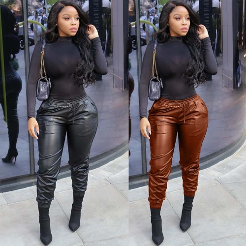 Ladies Pu Trousers Womens Hip Hop Trouser Drawstring Elastic Waist Winter warm leather pants For Wom