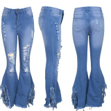 Slim Washed Ripped Tassel bottom Flared Pants