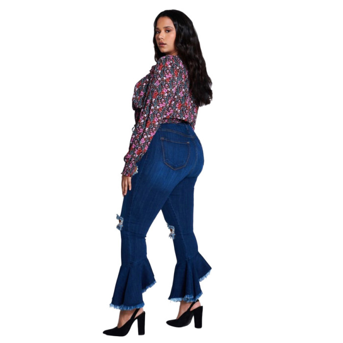 Plus Size Washed Hole Stitching Micro Flared Jeans