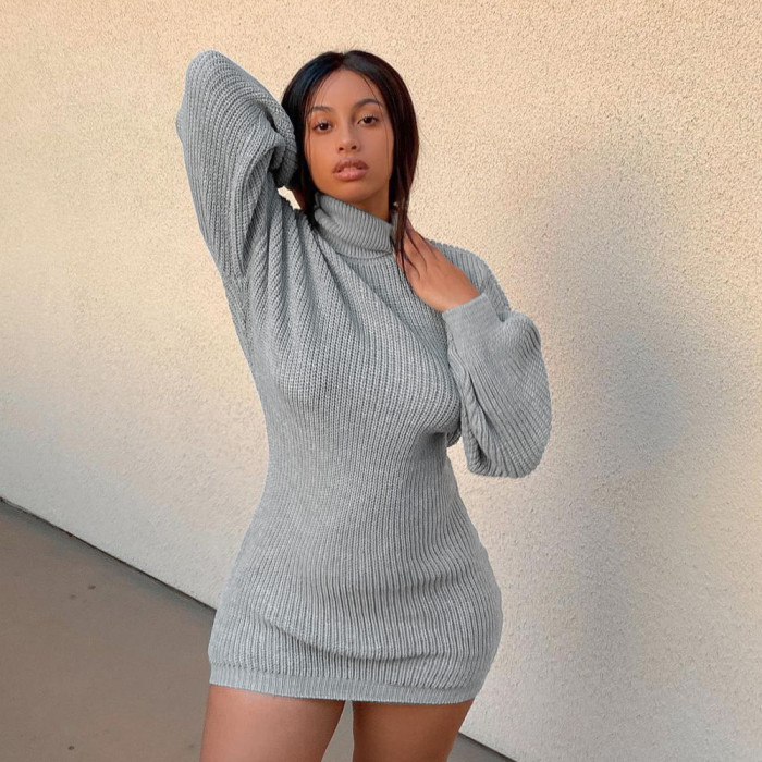 long sleeve turtleneck knitted pullover sweater dress