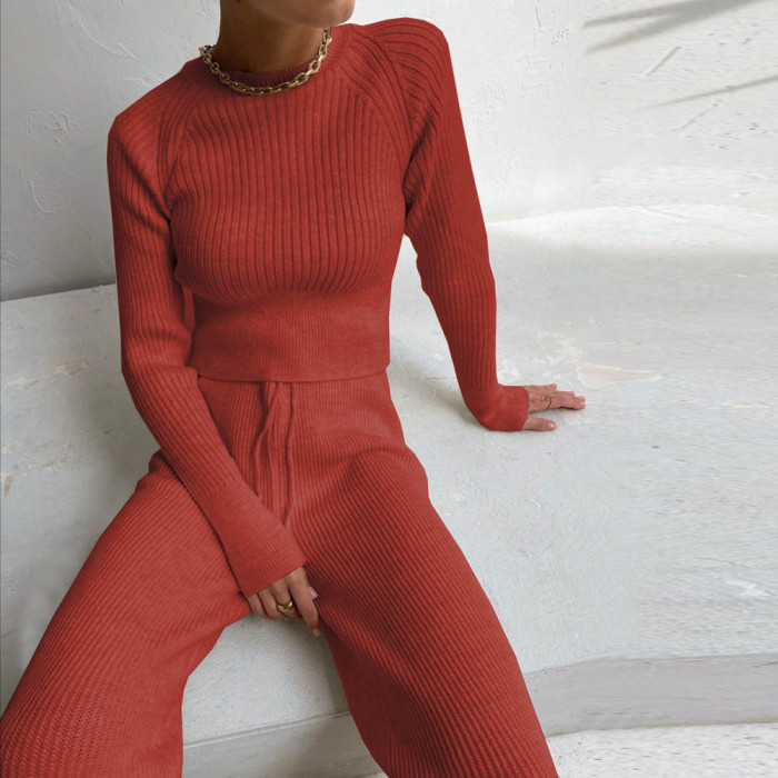 Winter Solid Plain Casual Ribbed Matching Top and Pants Set