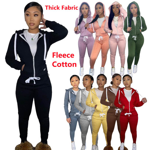 thick cotton fleece zipper hoodie and jogger set