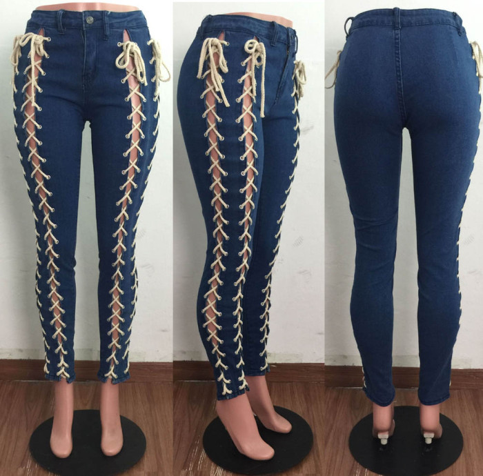 Autumn Side Lace Up Blue Skinny Jeans