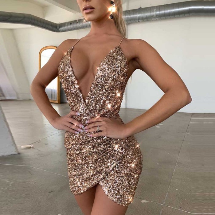 Sequins Deep-V Straps Wrap Party Dress