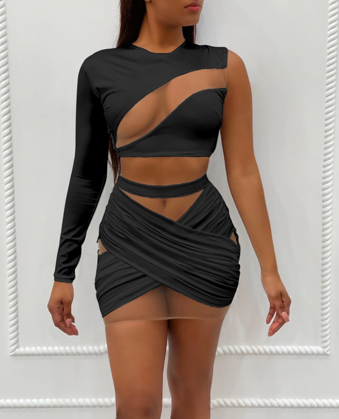 Mesh Patchwork One Shoulder Skirt Set