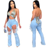 Slim Wide Leg Ripped Denim Stretch Flared Jeans